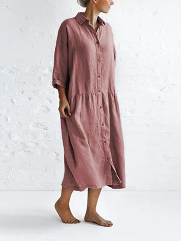 Dunnmall 3/4 Sleeve Cotton-Blend Solid Casualdress