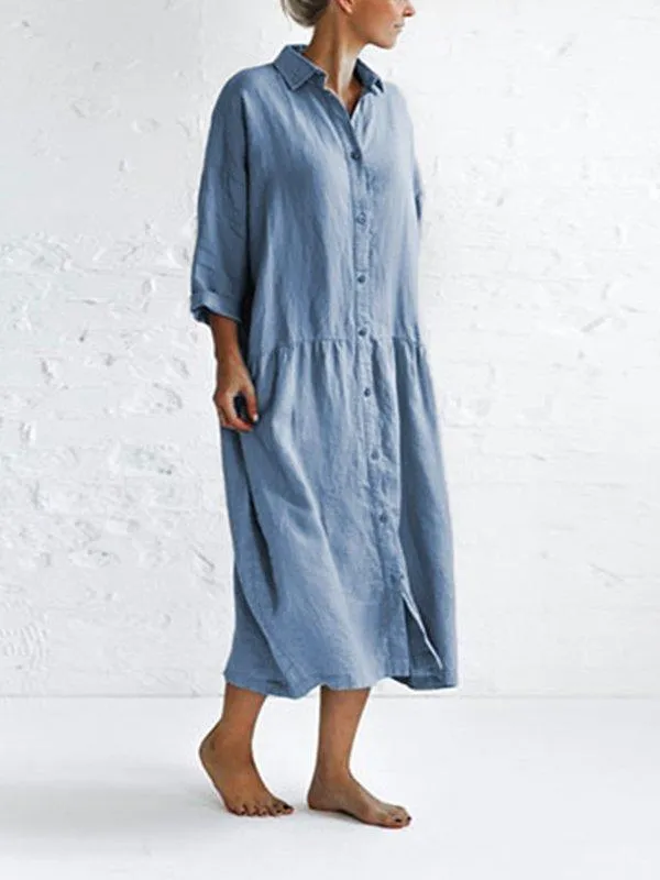 Dunnmall 3/4 Sleeve Cotton-Blend Solid Casualdress