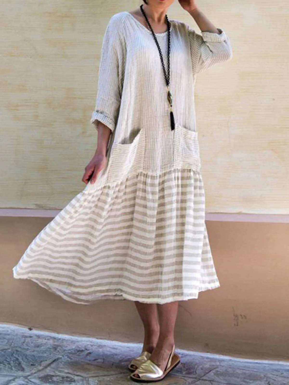Dunnmall 3/4 Sleeve Patch Casual Crew Neck Casualdress