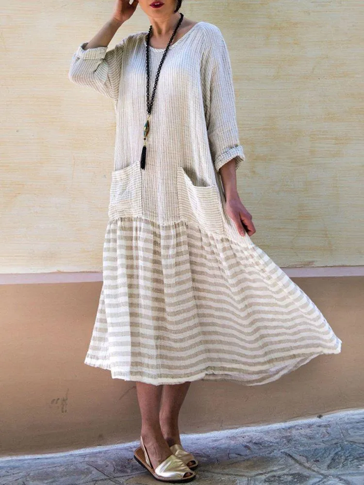 Dunnmall 3/4 Sleeve Patch Casual Crew Neck Casualdress