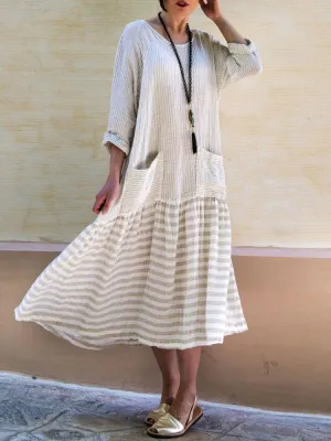 Dunnmall 3/4 Sleeve Patch Casual Crew Neck Casualdress