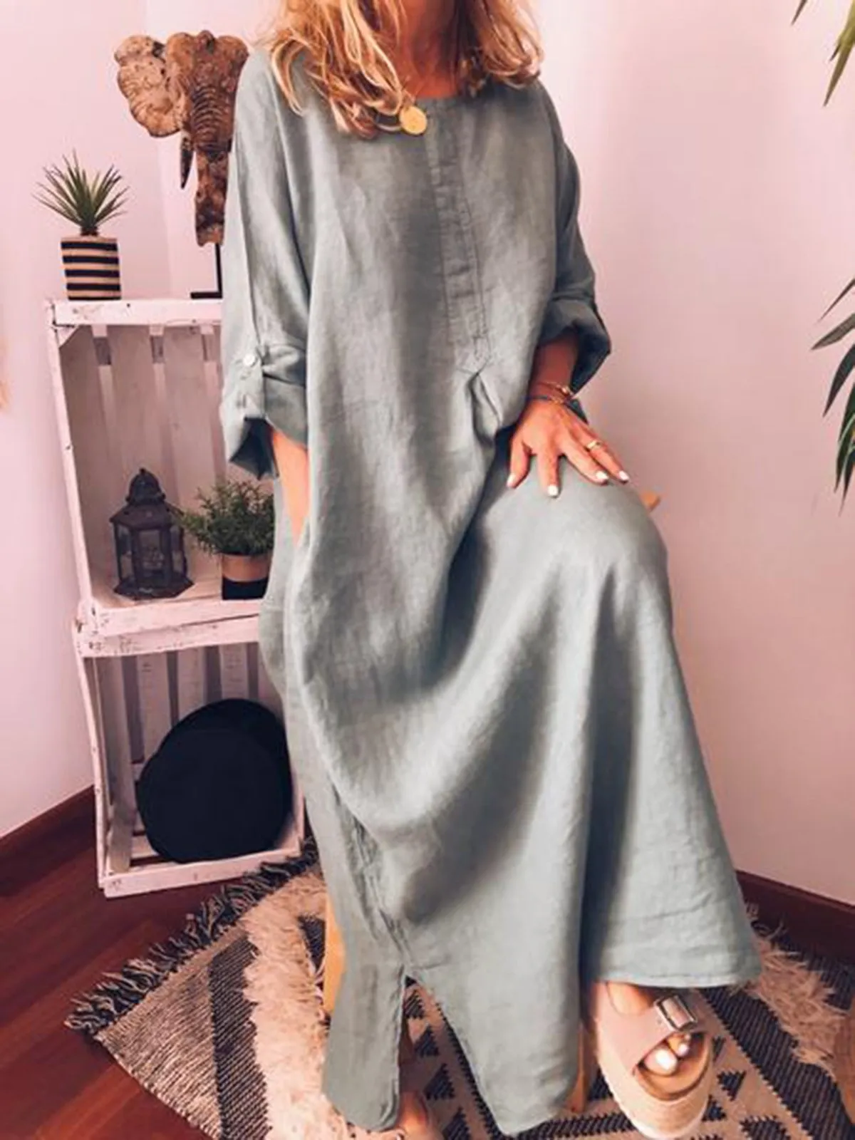 Dunnmall Long Sleeve Plain Cotton-Blend Casual Casualdress