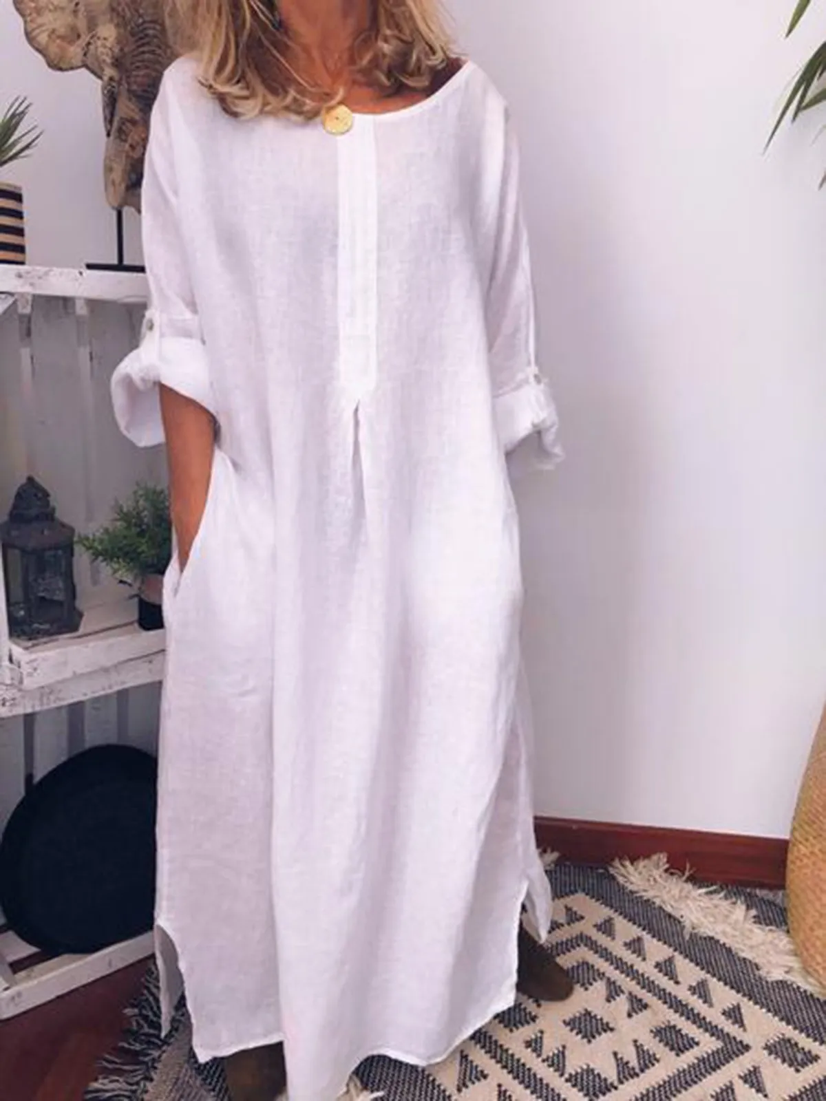 Dunnmall Long Sleeve Plain Cotton-Blend Casual Casualdress