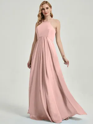 Dusty Pink Halter Neck Empire Pleated Backless Chiffon Bridesmaid Dress