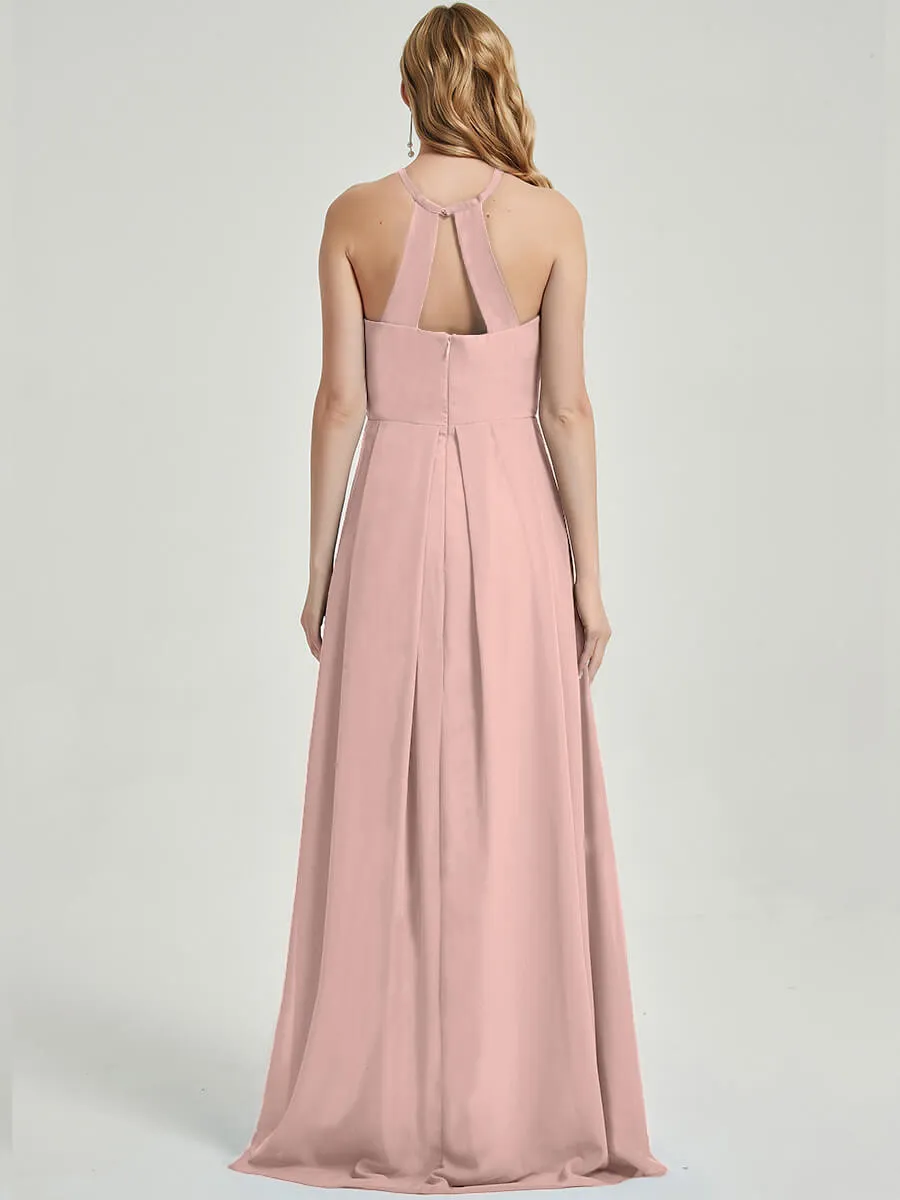 Dusty Pink Halter Neck Empire Pleated Backless Chiffon Bridesmaid Dress