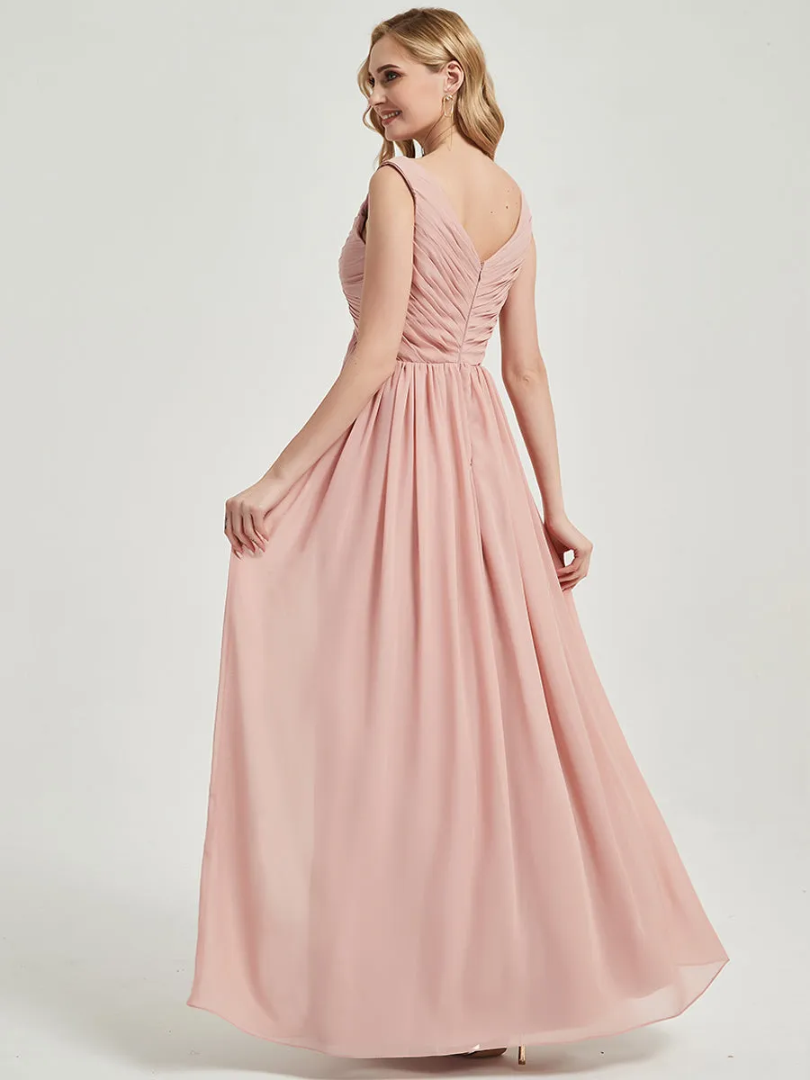Dusty Pink V-Neck Backless Floor Length Chiffon Empire Bridesmaid Dress