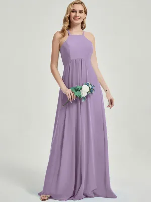 Dusty Purple Halter Empire Pleated Backless Chiffon Bridesmaid Dress Maxi