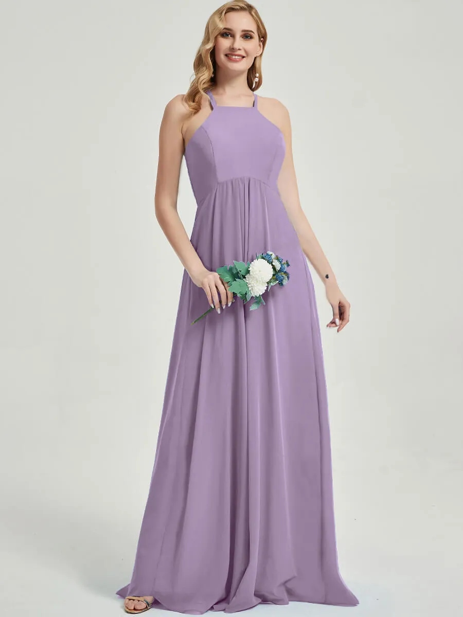 Dusty Purple Halter Empire Pleated Backless Chiffon Bridesmaid Dress Maxi