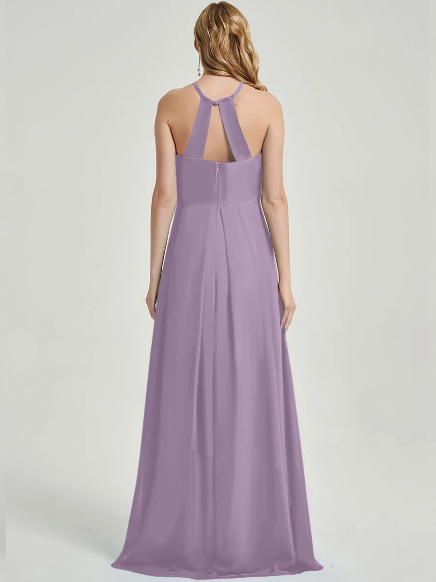 Dusty Purple Halter Empire Pleated Backless Chiffon Bridesmaid Dress Maxi