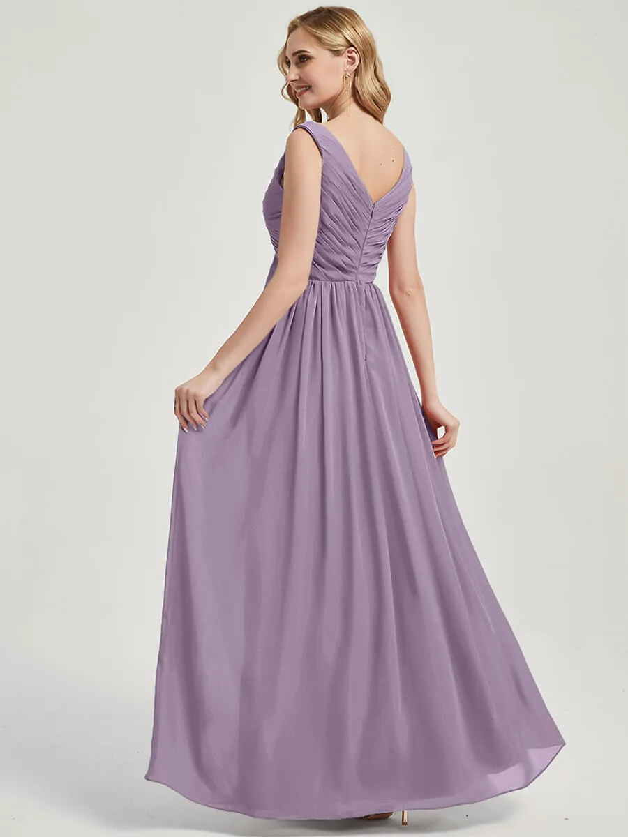 Dusty Purple V-Neck Backless Maxi Chiffon Empire Bridesmaid Dress