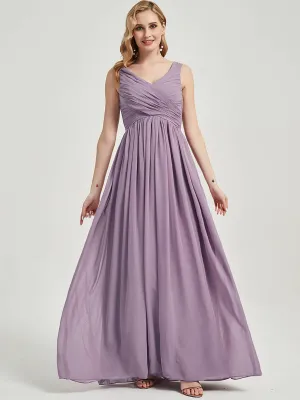 Dusty Purple V-Neck Backless Maxi Chiffon Empire Bridesmaid Dress