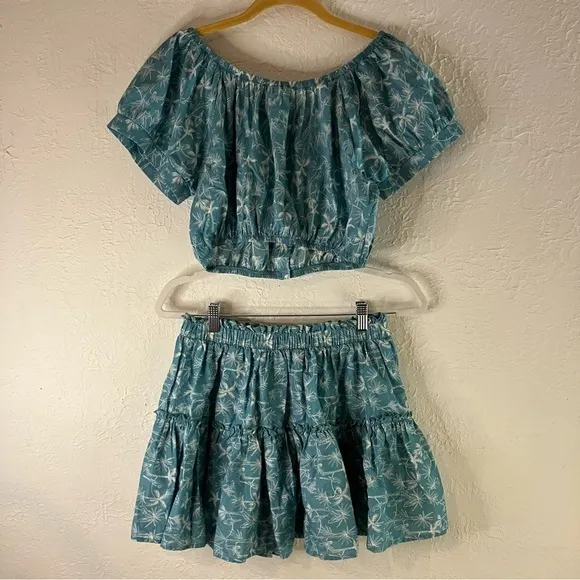 Eberjey Harper Crop Top And Nellie Ruffle Mini Skirt in Blue Ocean Bay Sand