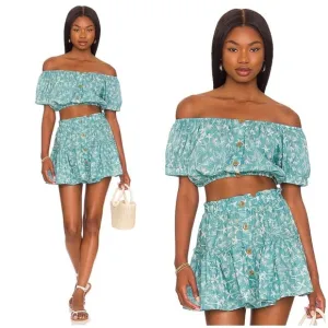 Eberjey Harper Crop Top And Nellie Ruffle Mini Skirt in Blue Ocean Bay Sand