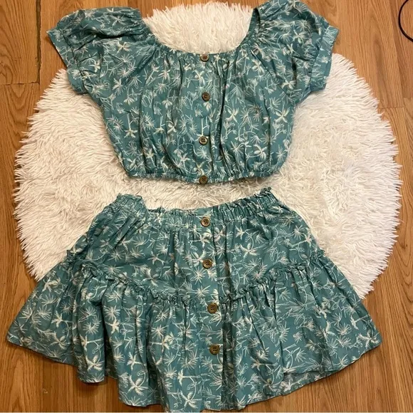 Eberjey Harper Crop Top And Nellie Ruffle Mini Skirt in Blue Ocean Bay Sand