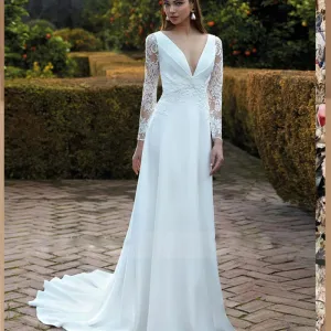 Elegant A Line Wedding Dresses Beach Long Sleeve V Neck Long Sleeve