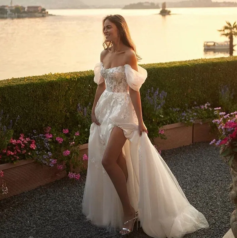 Elegant A-Line White Wedding Dresses Off The Shoulder Appliques Split
