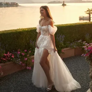 Elegant A-Line White Wedding Dresses Off The Shoulder Appliques Split