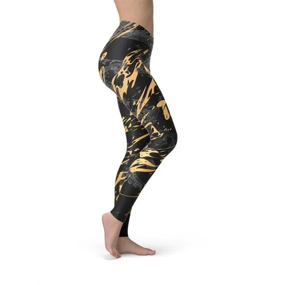 Elegant Black & Gold Splash Leggings