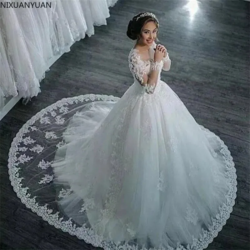 Elegant Dresses for Women Long Sleeve Wedding Dress Brides Robe Ball Gown