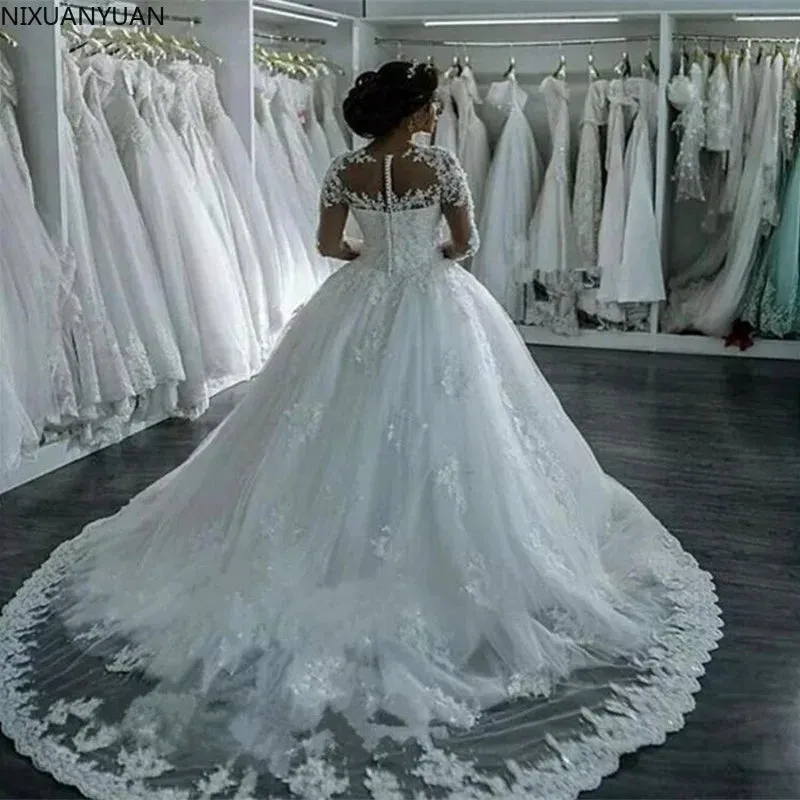 Elegant Dresses for Women Long Sleeve Wedding Dress Brides Robe Ball Gown
