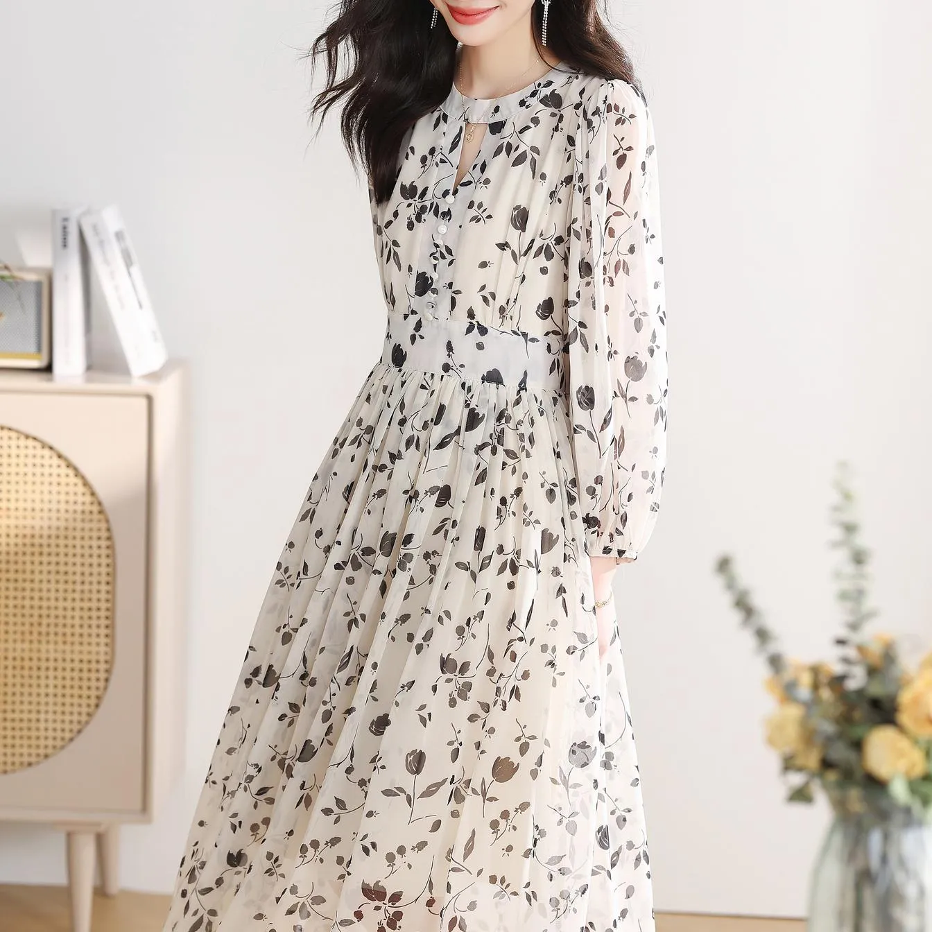 Elegant Long Sleeve A-line Dress with a Loose-fit Design