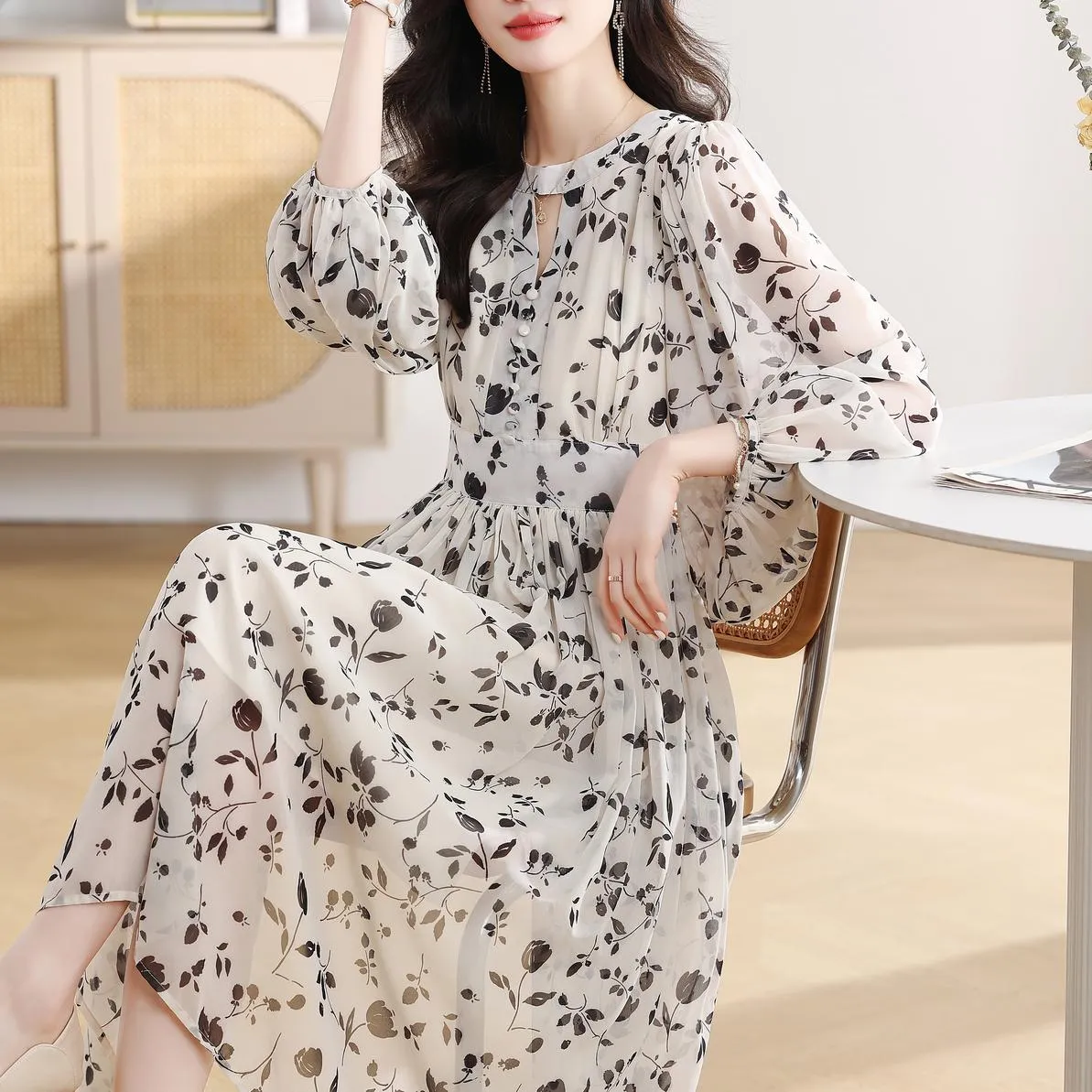 Elegant Long Sleeve A-line Dress with a Loose-fit Design