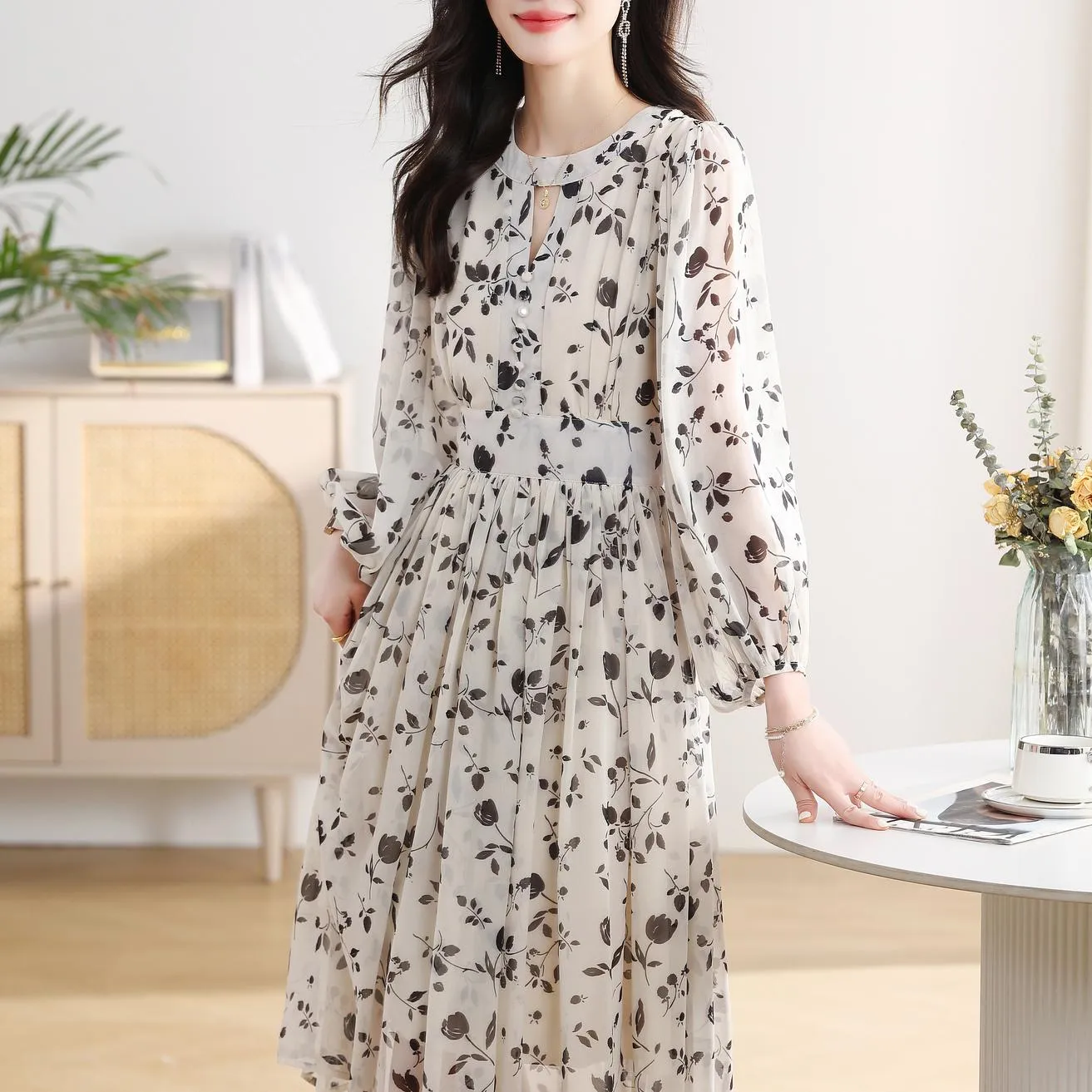 Elegant Long Sleeve A-line Dress with a Loose-fit Design