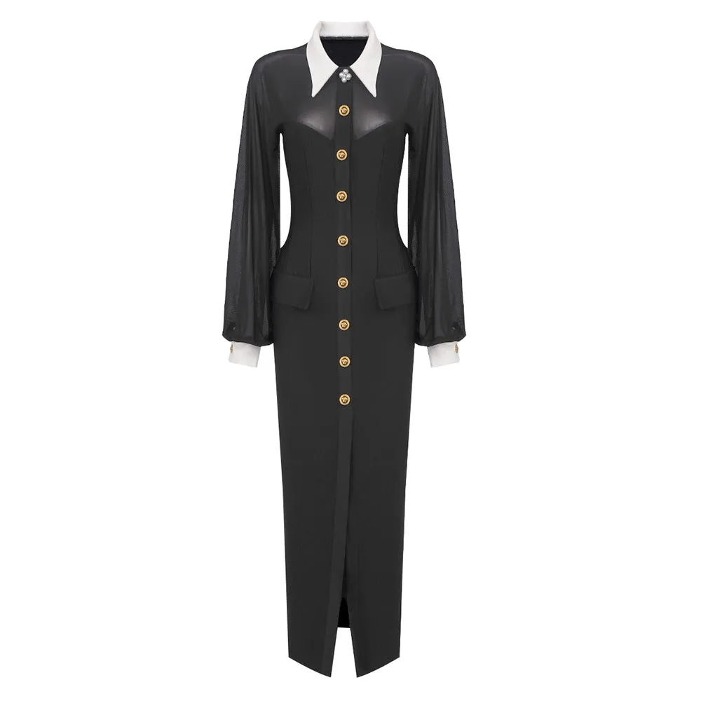 Elegant White Collar Black Long Sleeve Mesh Formal Dress