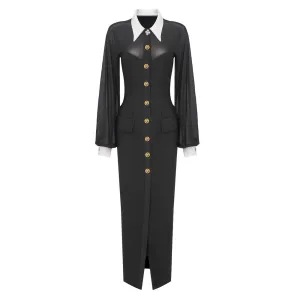 Elegant White Collar Black Long Sleeve Mesh Formal Dress
