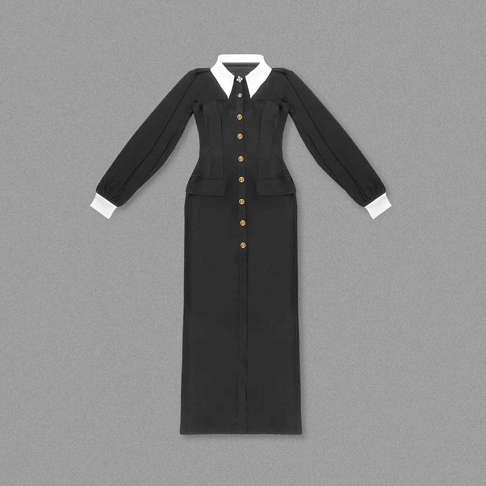 Elegant White Collar Black Long Sleeve Mesh Formal Dress