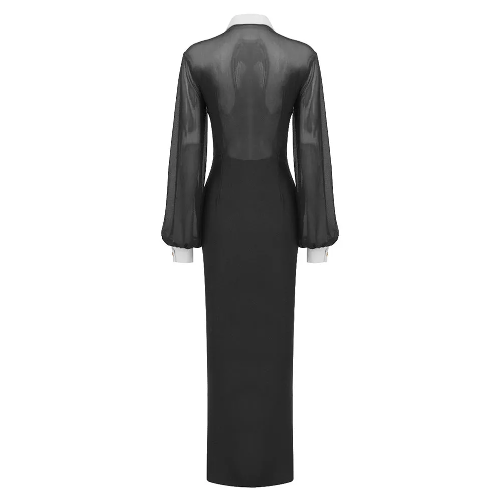 Elegant White Collar Black Long Sleeve Mesh Formal Dress