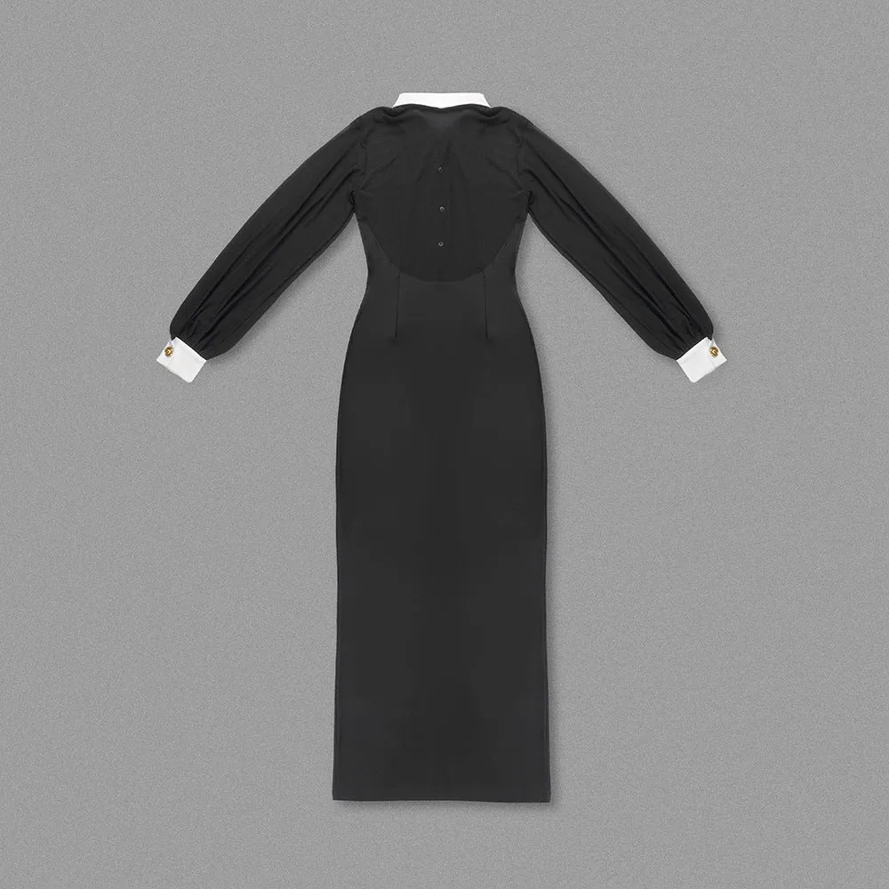 Elegant White Collar Black Long Sleeve Mesh Formal Dress