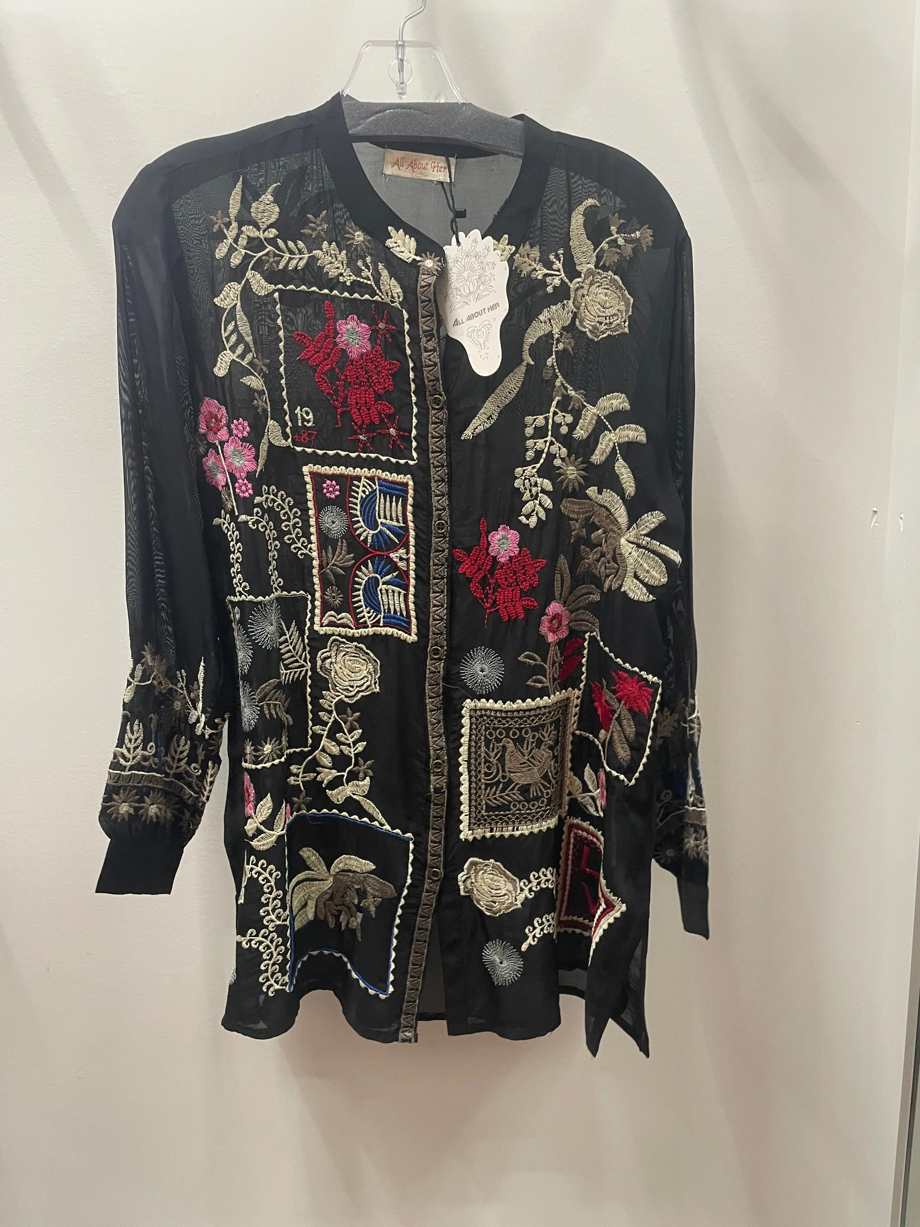 Embroidered Mandarin Button Tunic in Black by All About Her