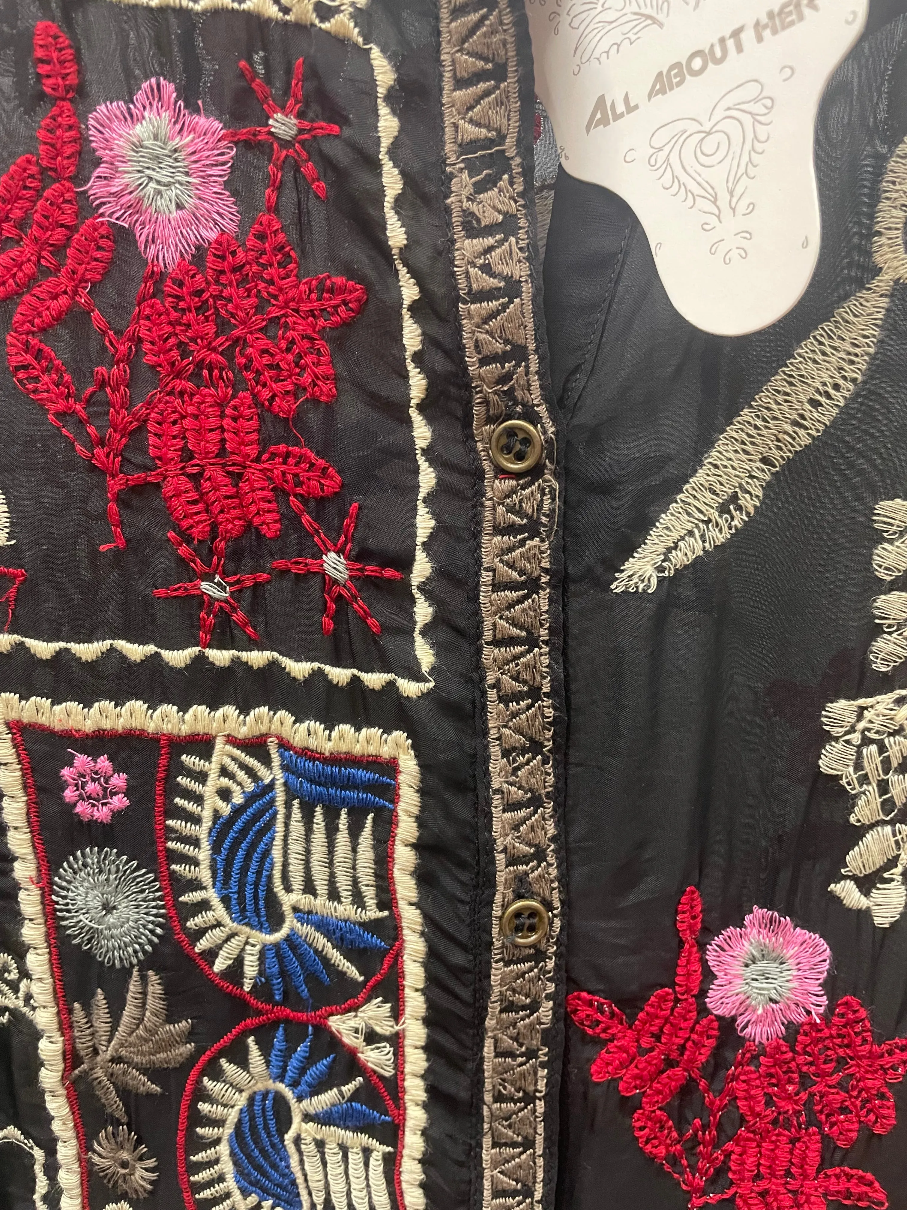 Embroidered Mandarin Button Tunic in Black by All About Her