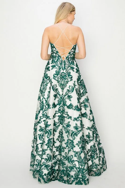 Emerald Embroidery A Line Dress