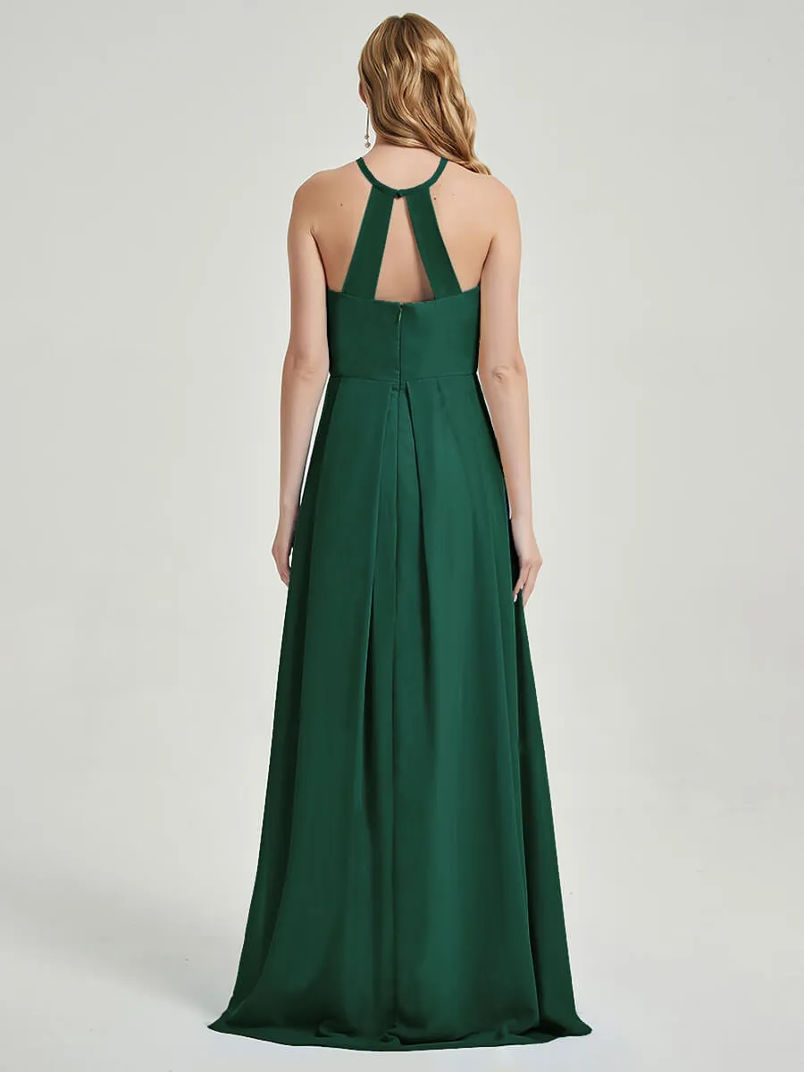 Emerald Green Halter Empire Pleated Backless Chiffon Maxi Bridesmaid Dress