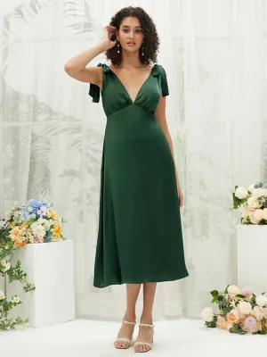 Emerald Green V-Neck Detachable Bow Straps V-Neck Silk Satin Convertible Bridesmaid Dress Tea Length