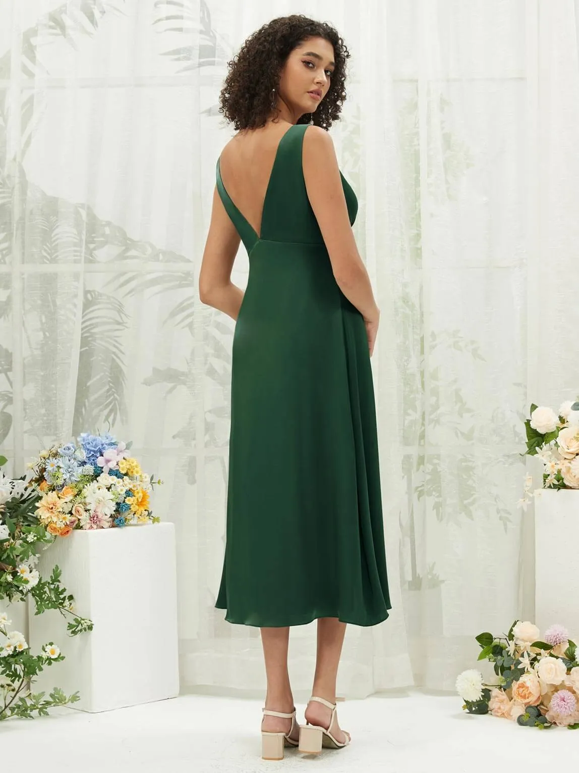 Emerald Green V-Neck Detachable Bow Straps V-Neck Silk Satin Convertible Bridesmaid Dress Tea Length