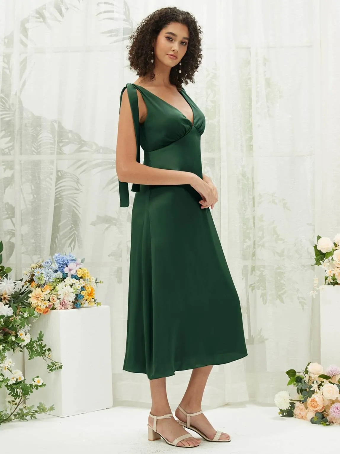 Emerald Green V-Neck Detachable Bow Straps V-Neck Silk Satin Convertible Bridesmaid Dress Tea Length