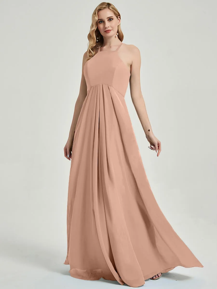 English Rose Halter Empire Pleated Backless Chiffon Maxi Bridesmaid Dress