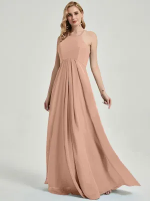 English Rose Halter Empire Pleated Backless Chiffon Maxi Bridesmaid Dress