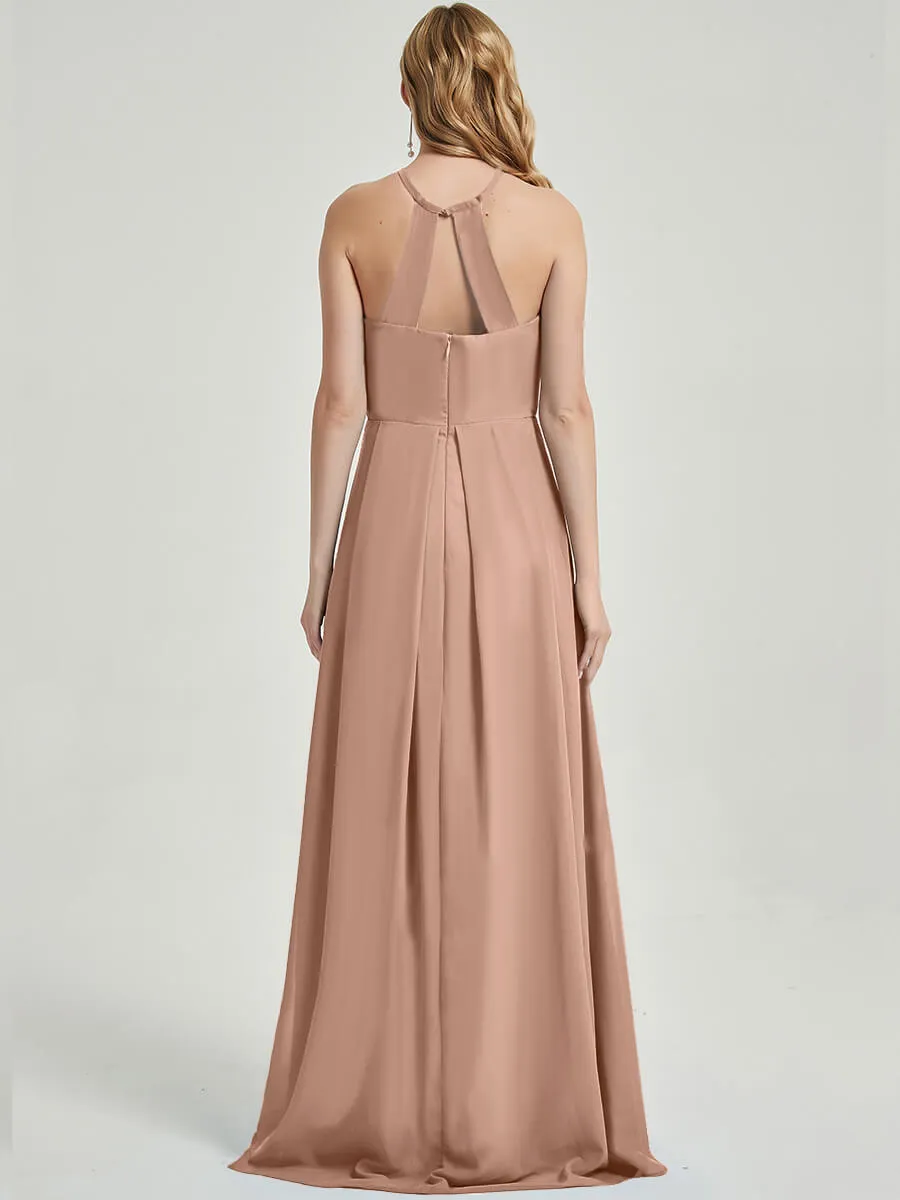 English Rose Halter Empire Pleated Backless Chiffon Maxi Bridesmaid Dress