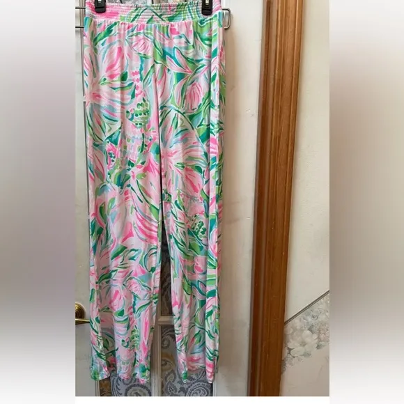 EUC LILLY PULITZER pink and green printed Lorena palazzo pants small