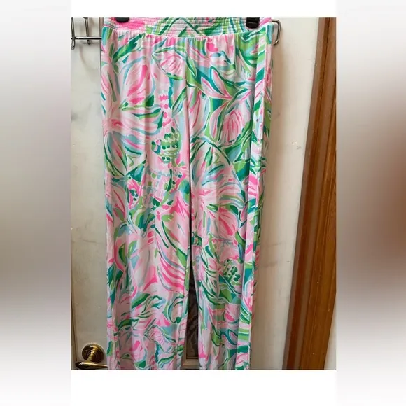 EUC LILLY PULITZER pink and green printed Lorena palazzo pants small
