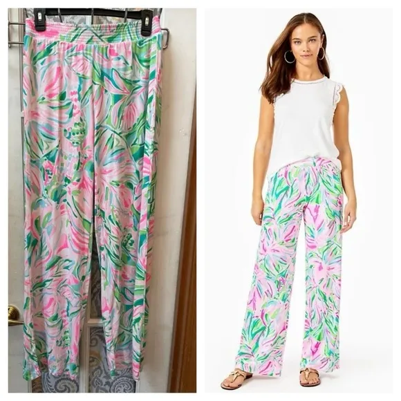 EUC LILLY PULITZER pink and green printed Lorena palazzo pants small