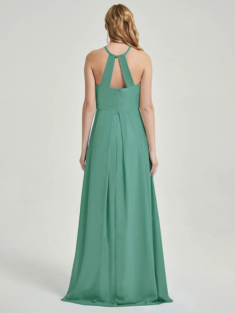 Eucalyptus Halter Neck Empire Pleated Backless Chiffon Bridesmaid Dress