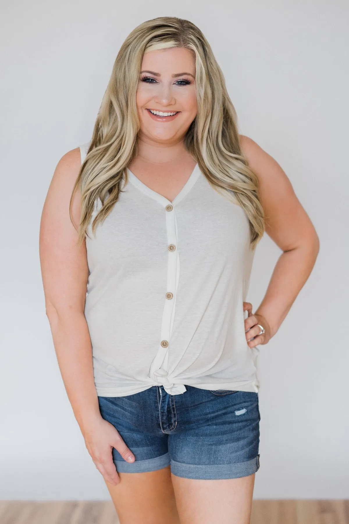 Everyday Button Tie Tank Top- White