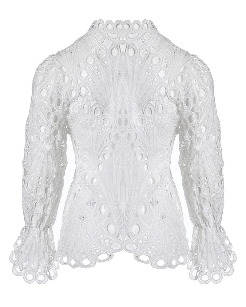 Eyelet Embroidery Button Front Bell Sleeve Top