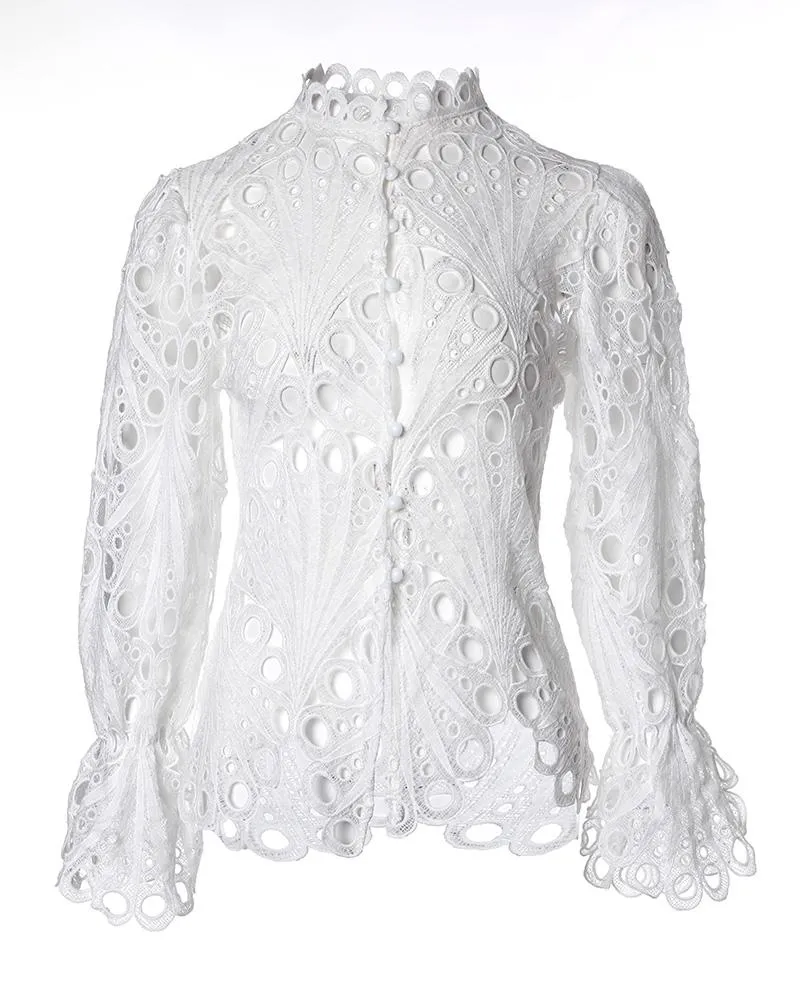 Eyelet Embroidery Button Front Bell Sleeve Top