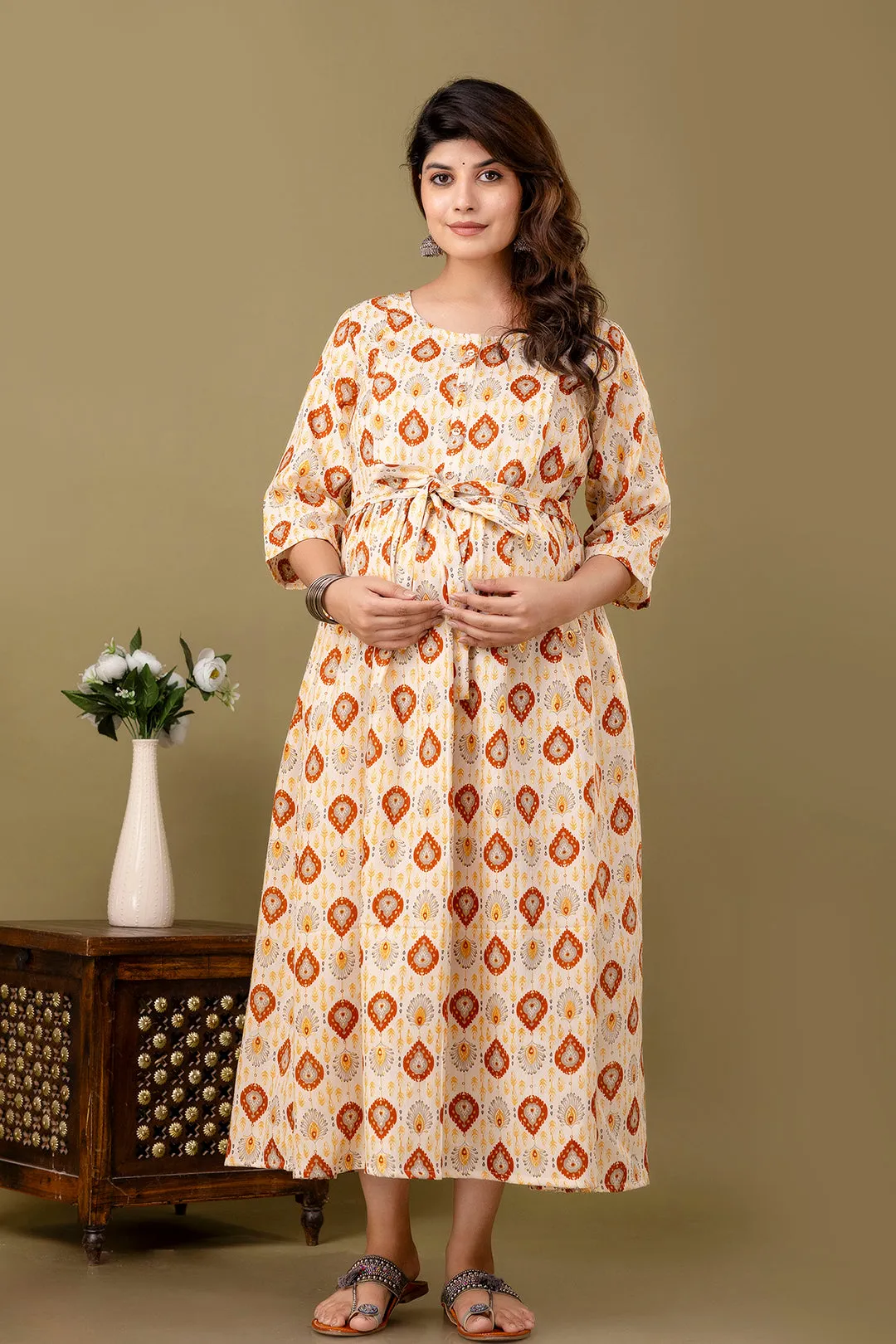 Fab Off White Printed Maternity Dress For Women